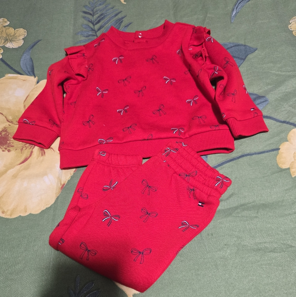 Charming Red Bow Print Kids Jogger Set